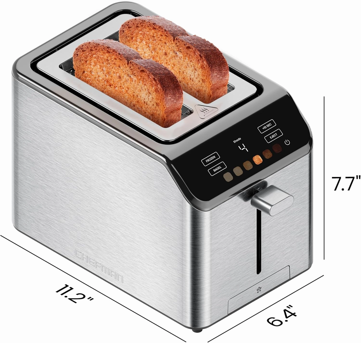 Chefman Smart Touch 2 Slice Digital Toaster, 6 Shade Settings, Touchscreen Controls, Extra-Wide Slots for Thick Breads & Bagels,  10 Seconds, Defrost, Removable Crumb Tray – Stainless Steel