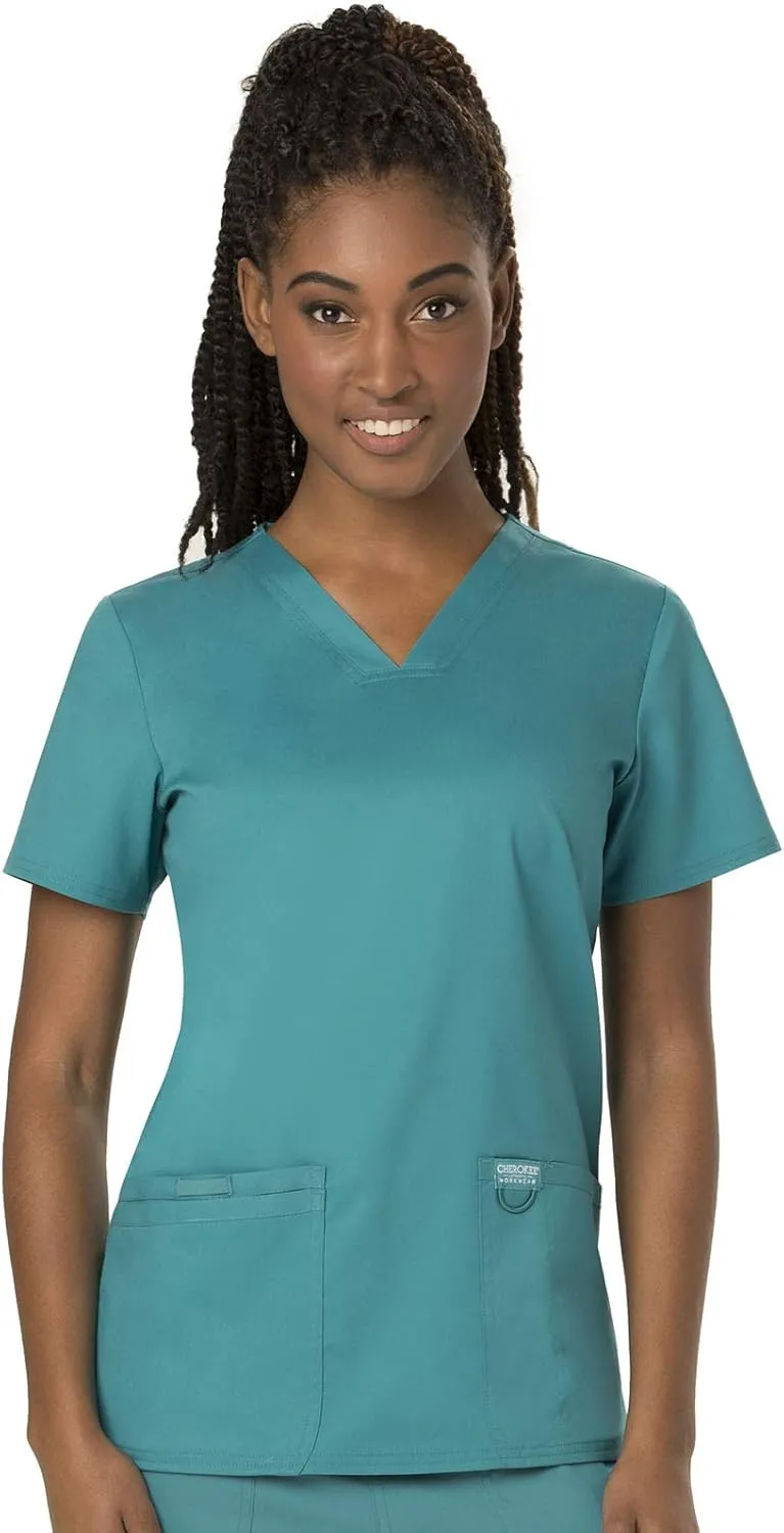 Cherokee Scrub Set For Women Modern Classic Fit 3 Pockets V-Neck Top WW620 with 5 Pockets Moderate Flare Leg Pant WW120