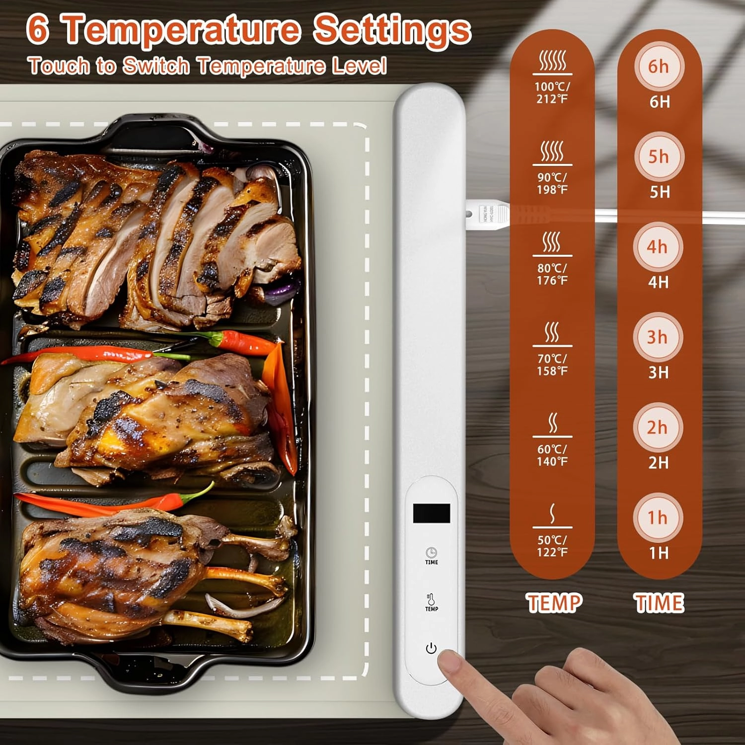 CiCiKiea Food Warming Mat - Electric Heating Food Warmer with 6 Temperature Settings & 6 Hours Timer, Full Surface Heating Food Warmer Rollable Heating Tray for Gatherings, Parties, Khaki