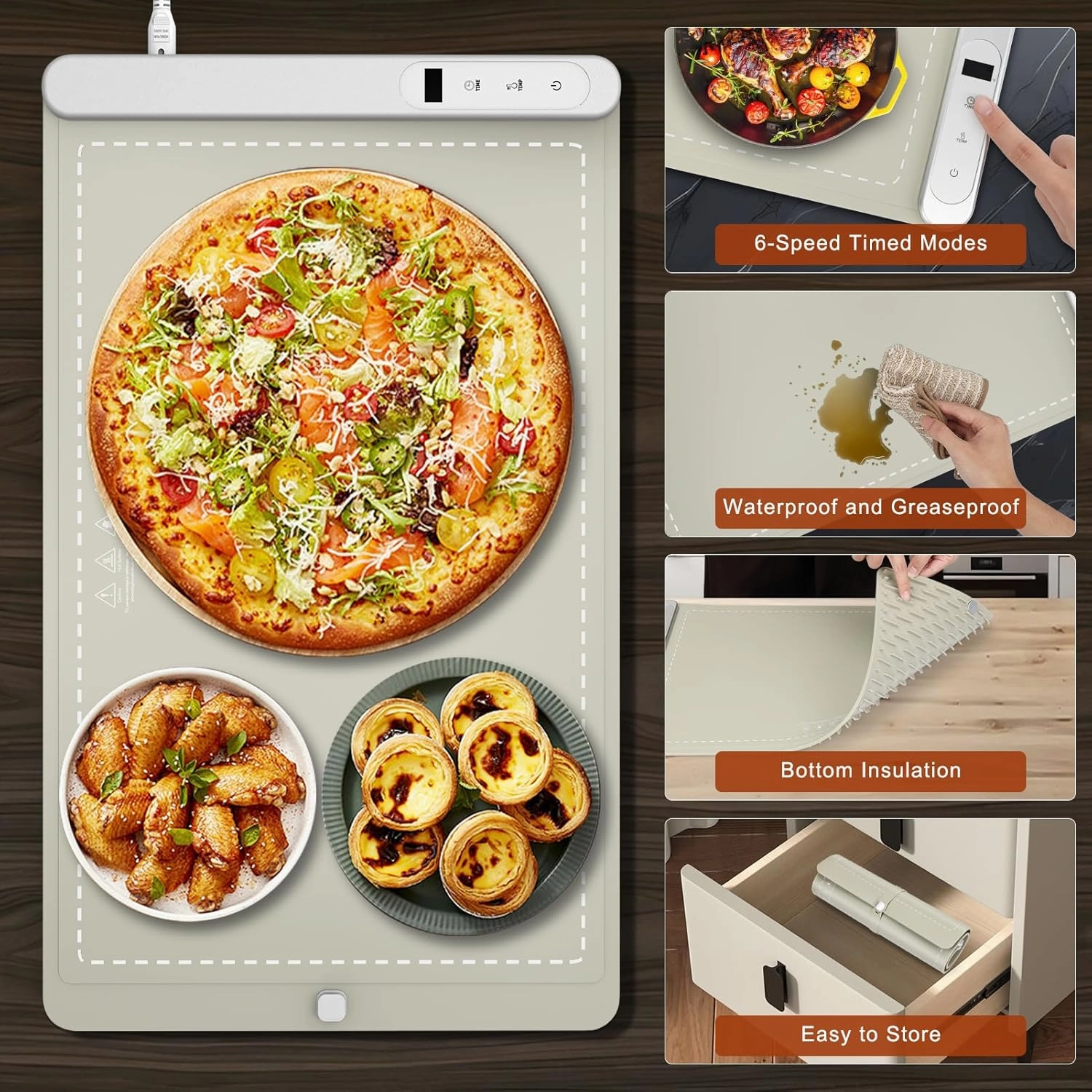 CiCiKiea Food Warming Mat - Electric Heating Food Warmer with 6 Temperature Settings & 6 Hours Timer, Full Surface Heating Food Warmer Rollable Heating Tray for Gatherings, Parties, Khaki