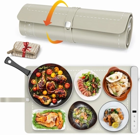 CiCiKiea Food Warming Mat - Electric Heating Food Warmer with 6 Temperature Settings & 6 Hours Timer, Full Surface Heating Food Warmer Rollable Heating Tray for Gatherings, Parties, Khaki