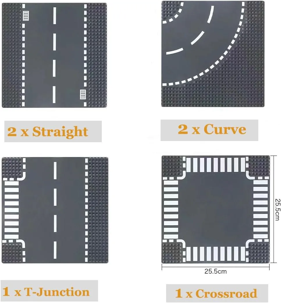 City Road Building Base Plates for City Street Road Building Baseplate Toy Compatible with All Major Brands Straight, Curve, Crossroad, T-Junction 10" x 10" 6 Pack Gray