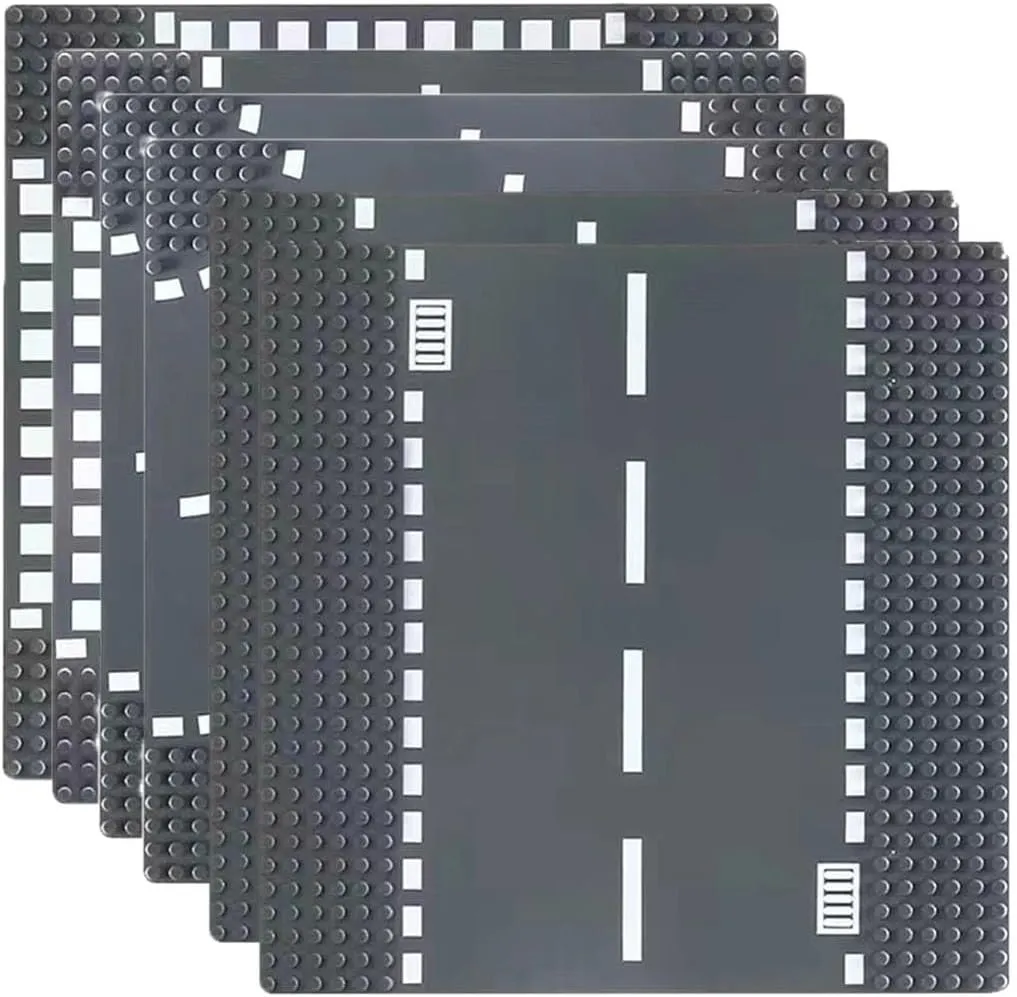 City Road Building Base Plates for City Street Road Building Baseplate Toy Compatible with All Major Brands Straight, Curve, Crossroad, T-Junction 10" x 10" 6 Pack Gray