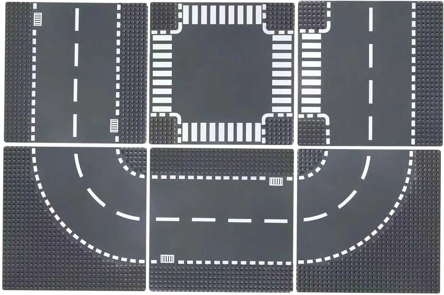 City Road Building Base Plates for City Street Road Building Baseplate Toy Compatible with All Major Brands Straight, Curve, Crossroad, T-Junction 10" x 10" 6 Pack Gray