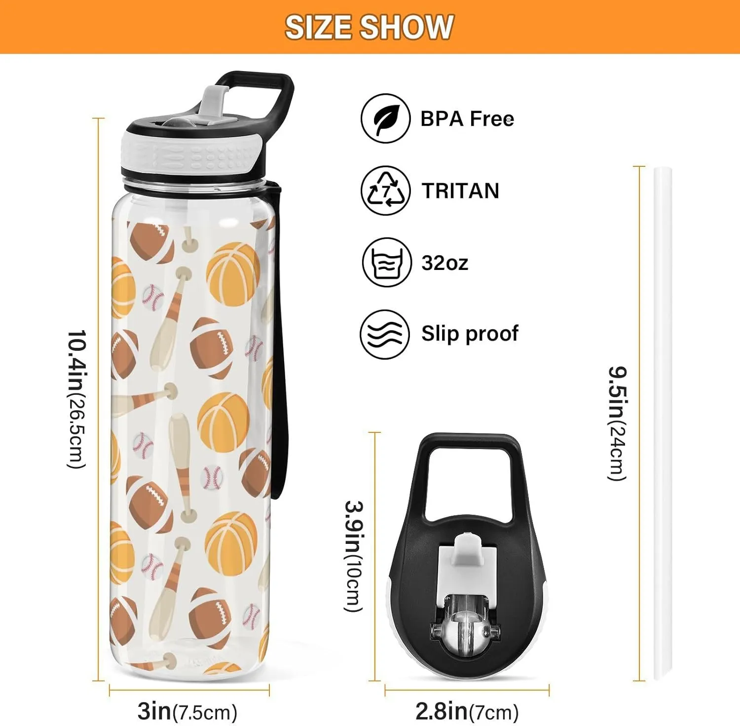 Clear Tritan Sports Water Bottle with Straw for Adults Kids Leakproof 32oz Bpa Free Plastic Water Bottle for Bike Gym School Travel Baseball Basketball