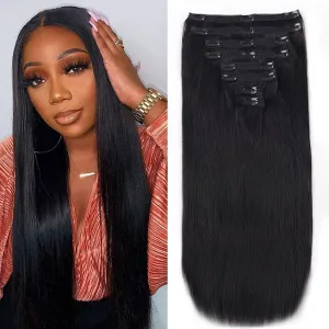 Clip in Hair Extensions Real Human Hair Straight Brazilian Human Hair Clip in Extensions 8Pcs 120g Silky Straight Remy Hair Clip ins for Women (18inch, #1B Natural Black)