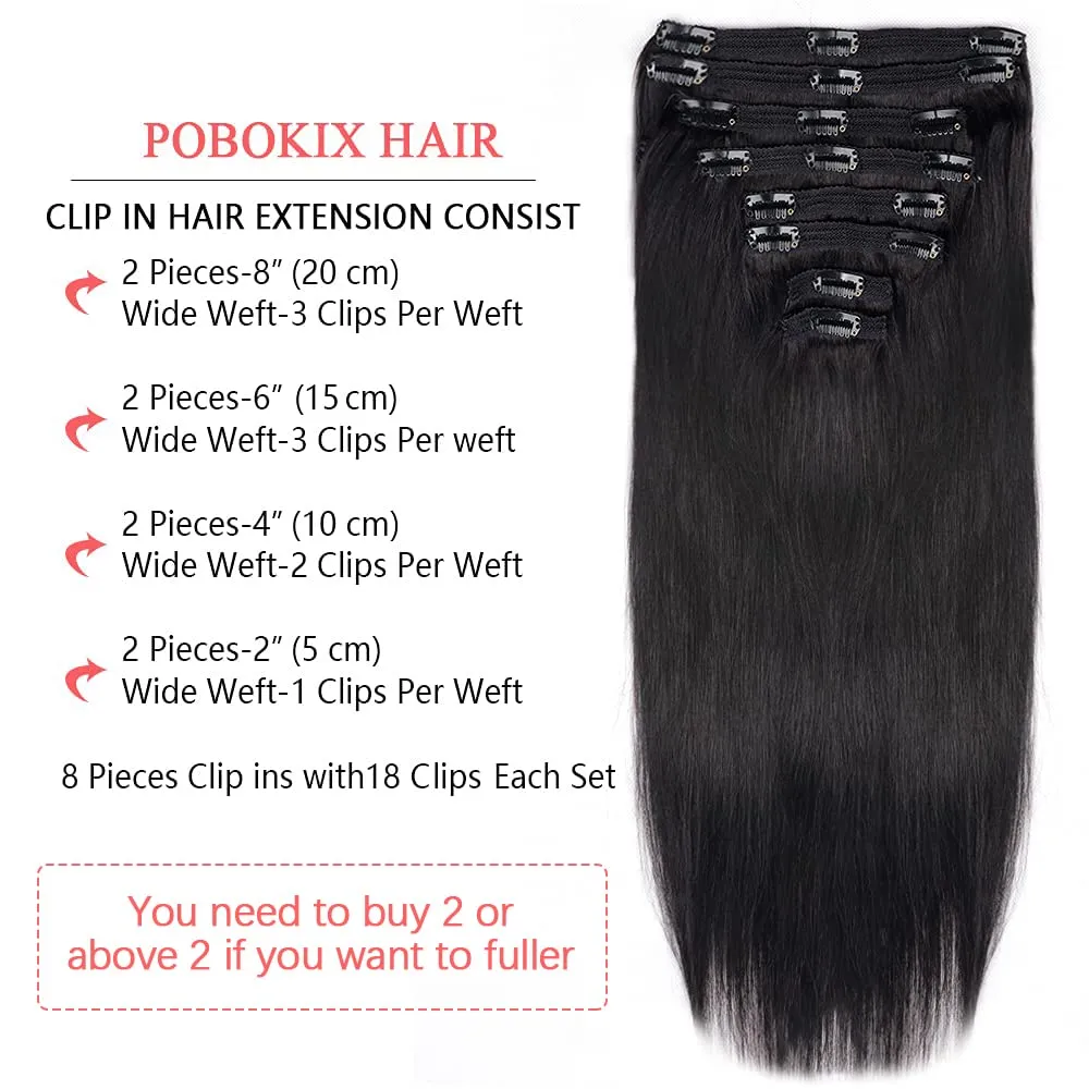 Clip in Hair Extensions Real Human Hair Straight Brazilian Human Hair Clip in Extensions 8Pcs 120g Silky Straight Remy Hair Clip ins for Women (18inch, #1B Natural Black)