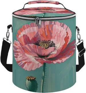 Collapsible Insulated Cooler Bag Pink Poppy Color Print Leakproof Soft Cooler Bag Round Casserole Carrier for Hot & Cold Food