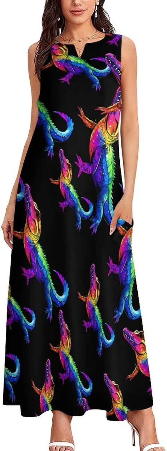 Colorful Crocodile Print Women's Maxi Dress V-Neck Sleeveless Summer Casual Beach Long Dresses