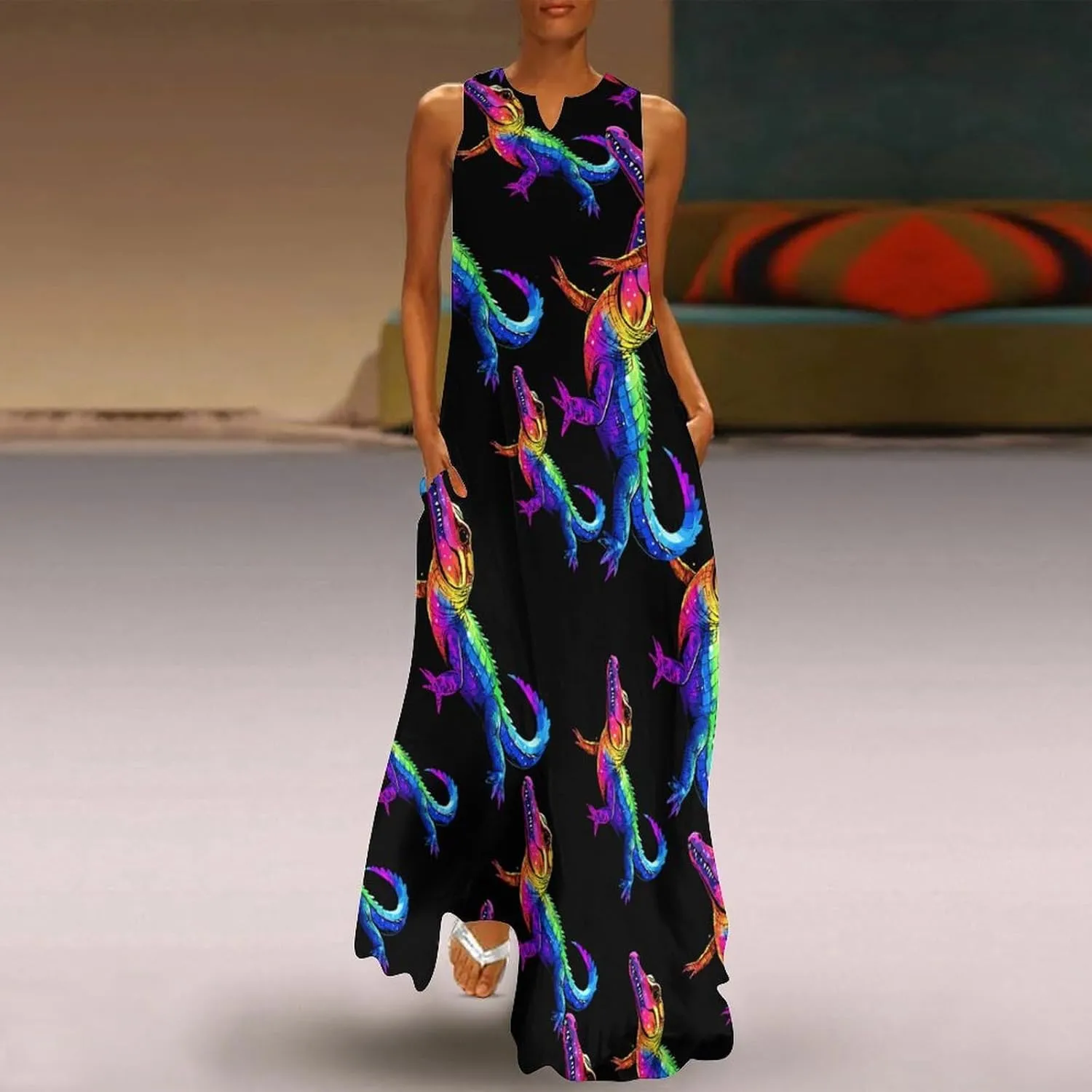 Colorful Crocodile Print Women's Maxi Dress V-Neck Sleeveless Summer Casual Beach Long Dresses