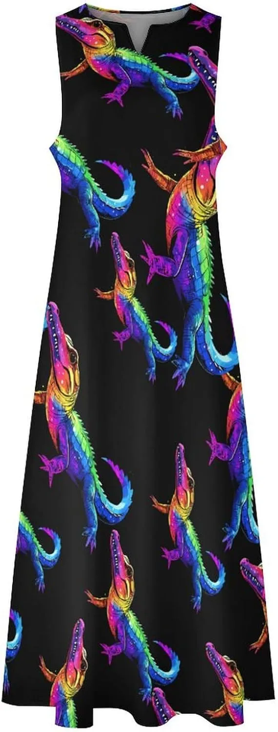 Colorful Crocodile Print Women's Maxi Dress V-Neck Sleeveless Summer Casual Beach Long Dresses