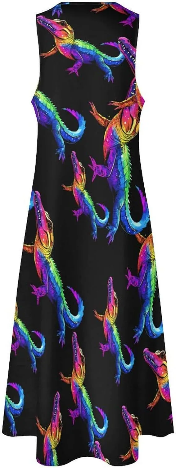 Colorful Crocodile Print Women's Maxi Dress V-Neck Sleeveless Summer Casual Beach Long Dresses