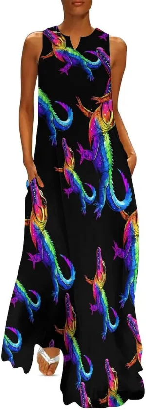 Colorful Crocodile Print Women's Maxi Dress V-Neck Sleeveless Summer Casual Beach Long Dresses