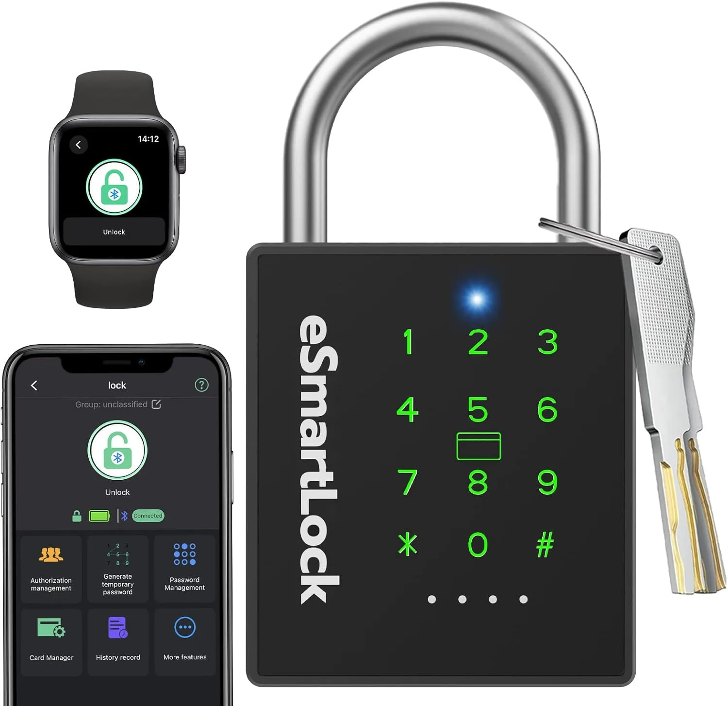 Combination Lock Outdoor eLinkSmart Password Padlock with Key NFC RFID Weatherproof Heavy Duty Padlock for Locker Shed Gate Fence Truck Support Temporary Code Unlock Record
