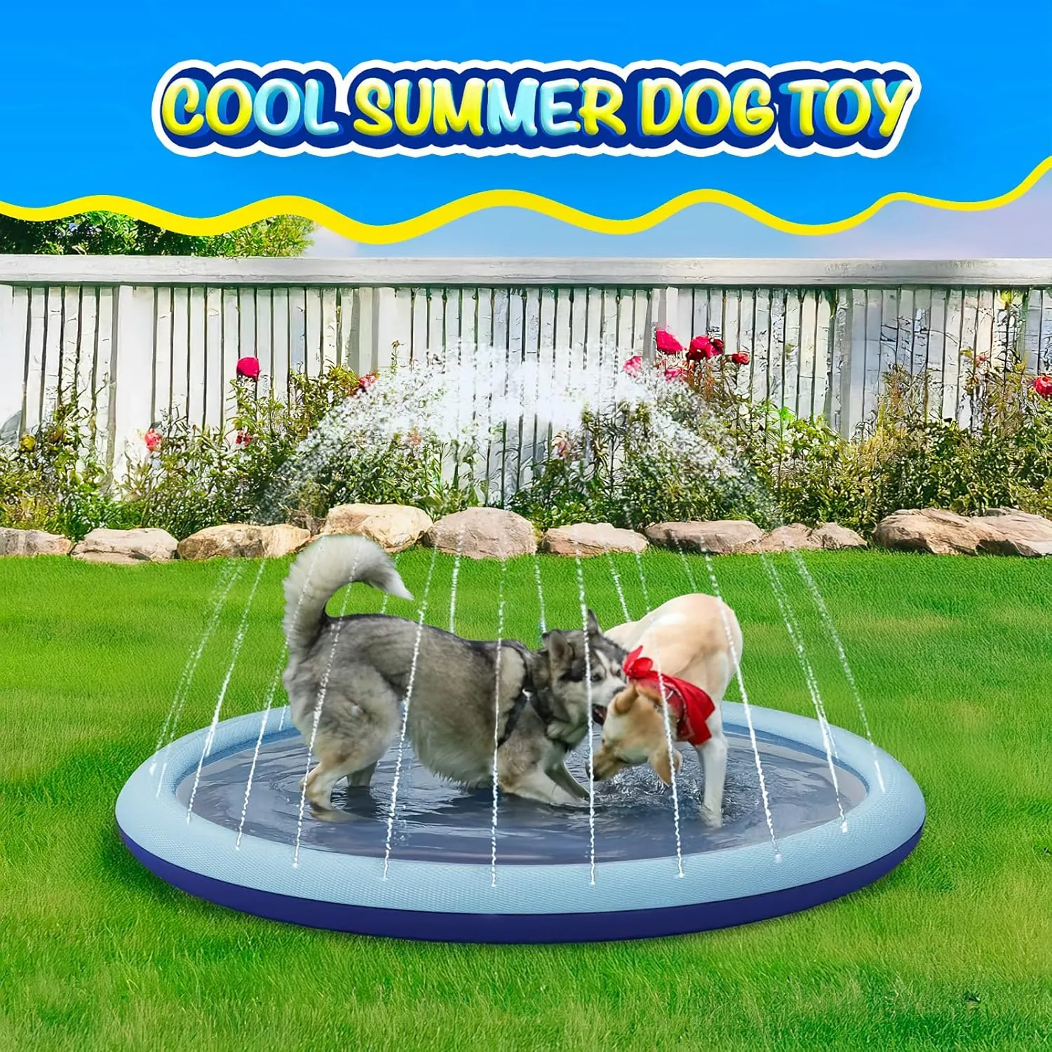 COMMOUDS Splash Pad for Kids and Dogs, Non-Slip Sprinkler Pad Thicken Pool Summer Outdoor Water Toys, Backyard Fountain Play Mat for Baby Toddlers Boys Girls Pet(59Inch)