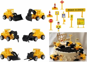 Construction site for cake decoration, toy excavator and construction machine set with 6 vehicles and traffic signs, yellow, construction site toy, cake decoration, boy