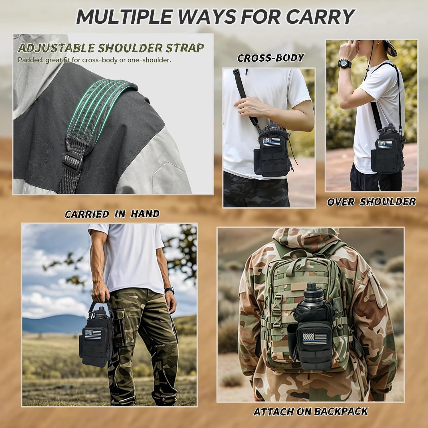 COOLYARD Water Bottle Holder with Strap 64 oz Water Bottle Sleeve Carrier Sling Bag Molle Strap Tactical Pouch for Hiking Camping Gym