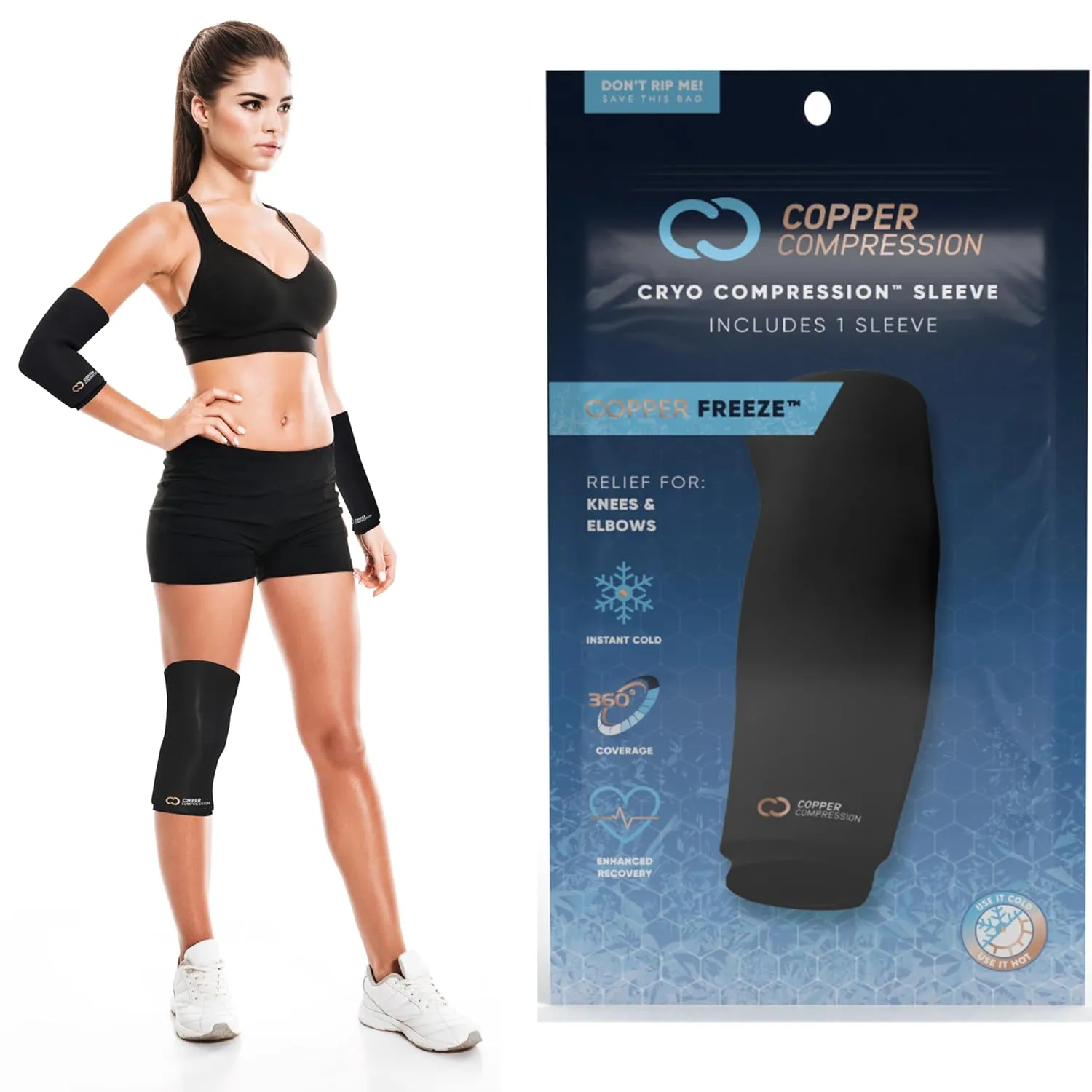 Copper Compression CopperFreeze Cryo Compression Sleeve for Knee, Tennis Elbow, Ankle Joints, Leg & Arm Muscles - Reusable Gel Ice Pack & Heat Wrap - Cold & Hot Pain Relief, Sprain, Injury - L/XL