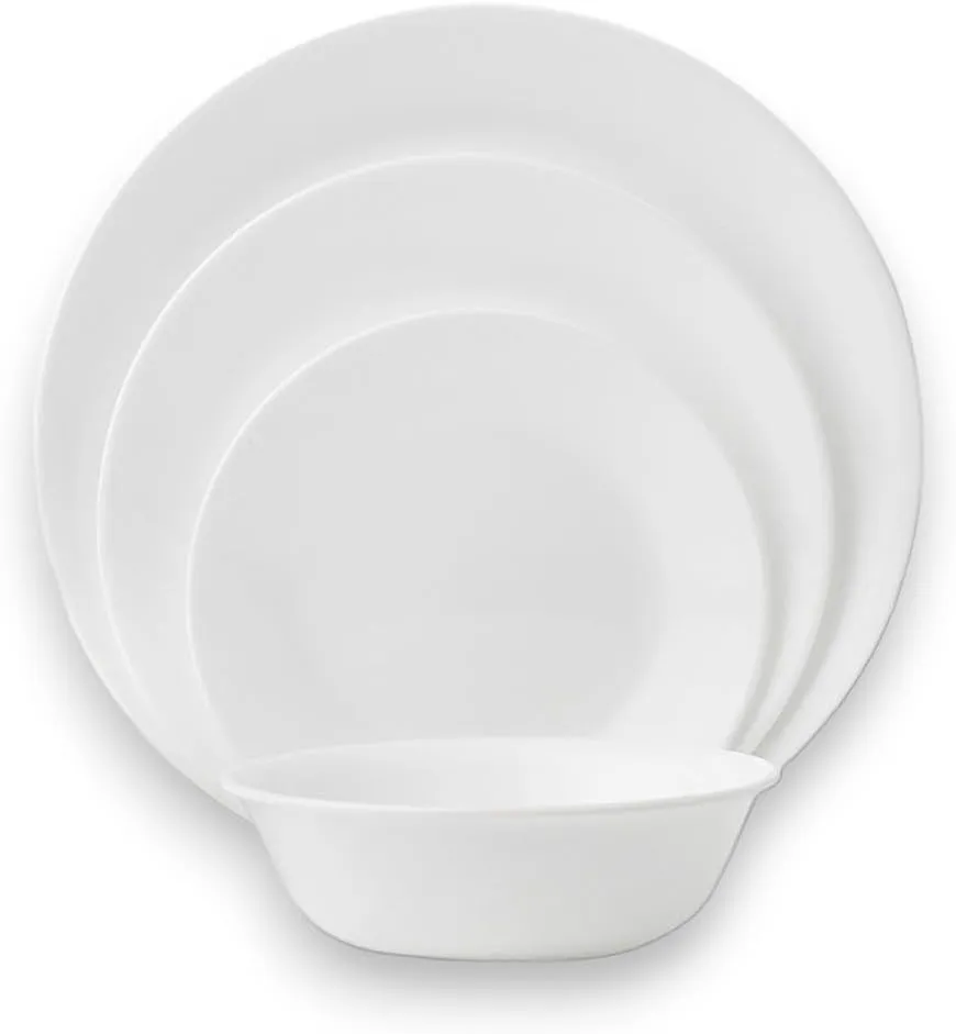 Corelle Vitrelle 18-Piece Service for 6 Dinnerware Set, Triple Layer Glass and Chip Resistant, Lightweight Round Plates and Bowls Set, Winter Frost White