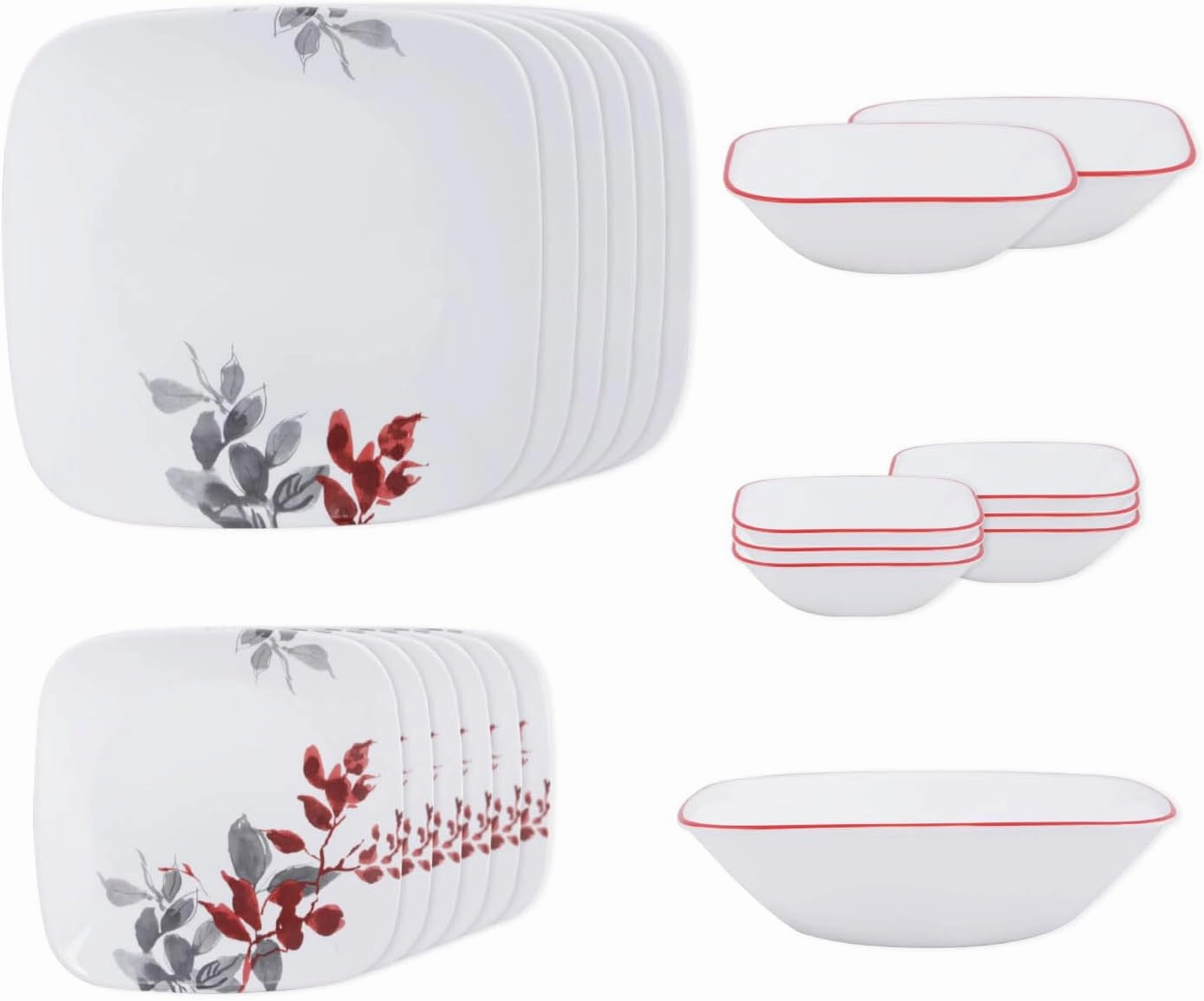 CORELLE Glass 21 Pc Square Round Dinner Set - Kyoto Leave White