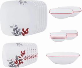 CORELLE Glass 21 Pc Square Round Dinner Set - Kyoto Leave White