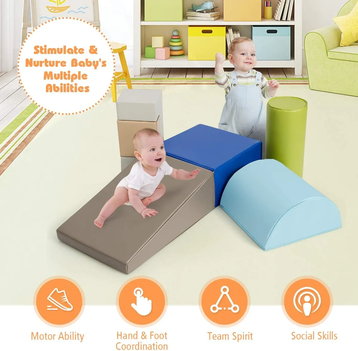 Costzon 6-Piece Kids Crawl and Climb Foam Play Set, Colorful Baby’s Foam Blocks to Crawling, Climbing, Walking, Children’s Educational Software Composite Toy for Toddlers, Preschoolers (Woodland)