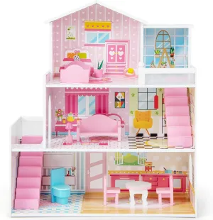 Costzon Wooden Dollhouse for Kids, 3-Story Semi-Open Doll House with 5 Rooms & 10 Pieces Furniture Set, Ladders & Balcony, Preschool DIY Pretend Play Dollhouse Toy, Gift for Girls & Boys Ages 3 