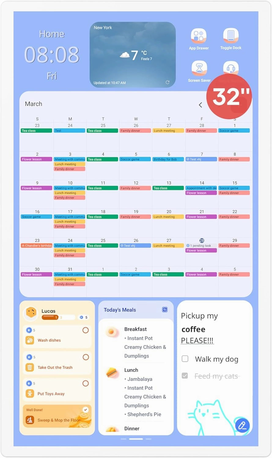 Cozyla 32 Inch Digital Calendar Wall Touch Screen Chore Chart To Do List Notepad Electronic Smart Calendar Digital for Family Meal Planner Support All App Via App Store Android Tablet Wall Mount White