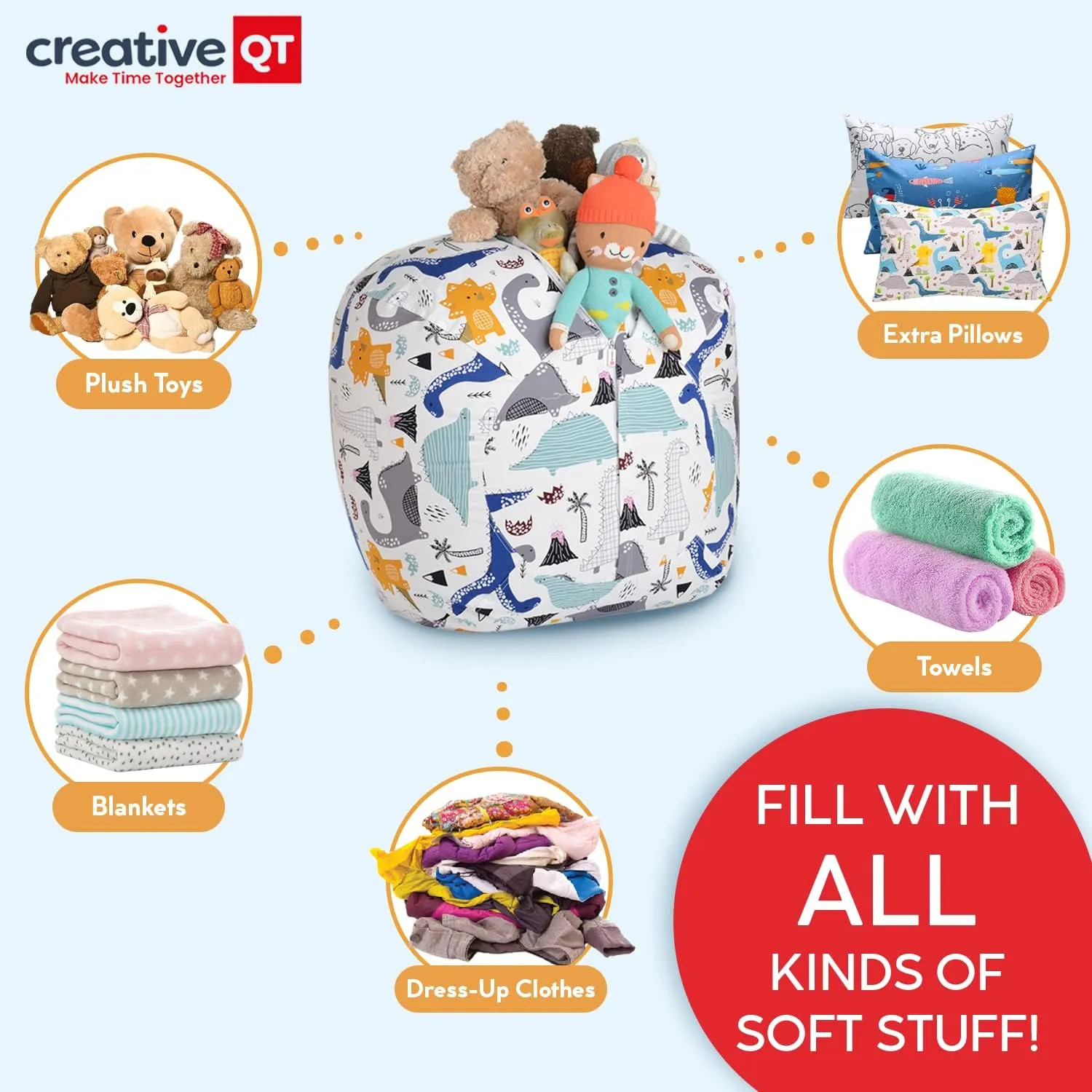 Creative QT Stuff ’n Sit Large 33’’ Bean Bag Storage Cover for Stuffed Animals & Toys, Giant Bean Bag Chair for Plush, Toddler & Kids Bedroom Organizer, Dinosaur - Stuffed Animal Storage Cover