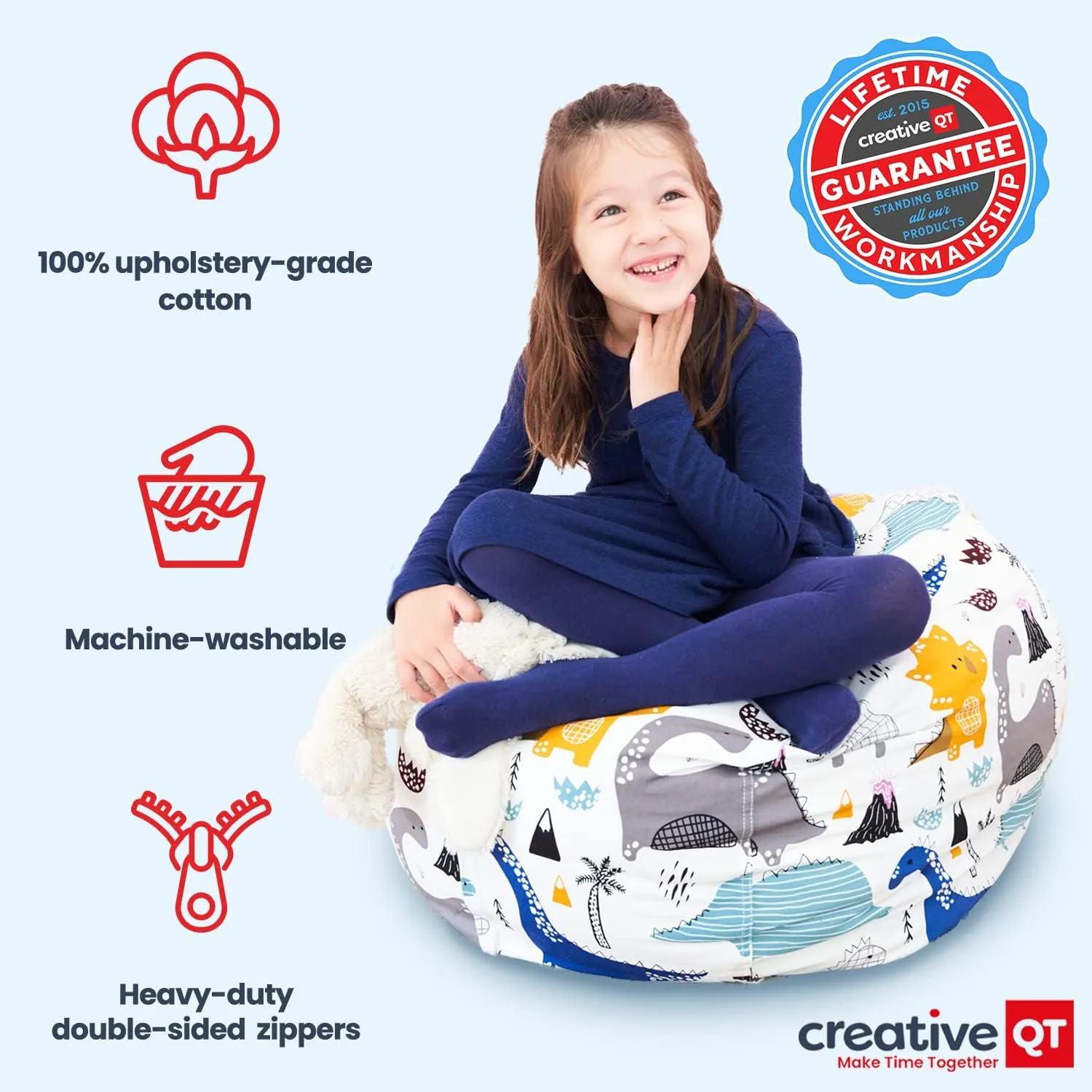 Creative QT Stuff ’n Sit Large 33’’ Bean Bag Storage Cover for Stuffed Animals & Toys, Giant Bean Bag Chair for Plush, Toddler & Kids Bedroom Organizer, Dinosaur - Stuffed Animal Storage Cover