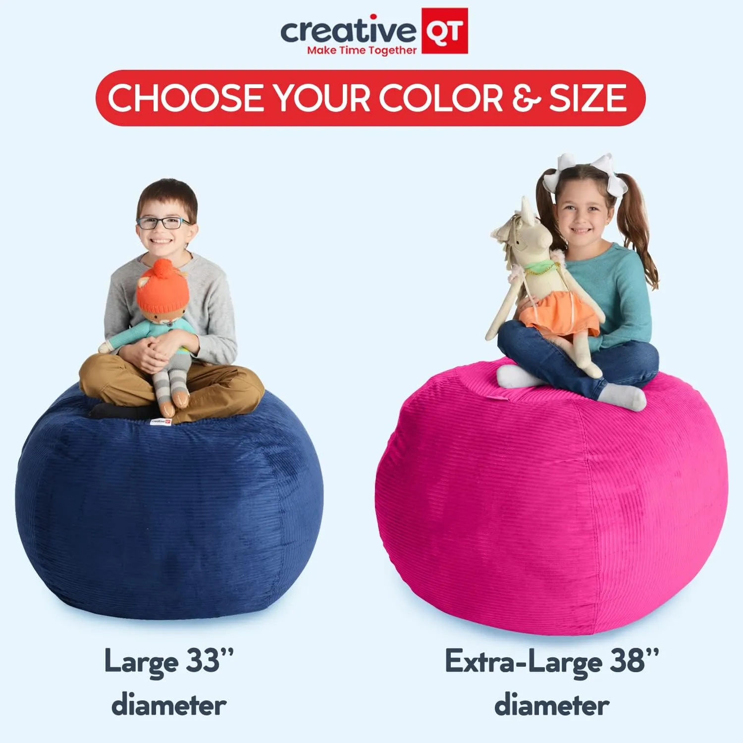 Creative QT Stuff ’n Sit Large 33’’ Bean Bag Storage Cover for Stuffed Animals & Toys, Giant Bean Bag Chair for Plush, Toddler & Kids Bedroom Organizer, Dinosaur - Stuffed Animal Storage Cover