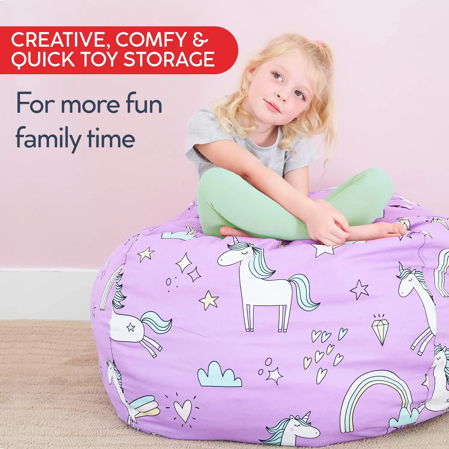 Creative QT Stuff ’n Sit Large 33’’ Bean Bag Storage Cover for Stuffed Animals & Toys, Giant Bean Bag Chair for Plush, Toddler & Kids Bedroom Organizer, Dinosaur - Stuffed Animal Storage Cover