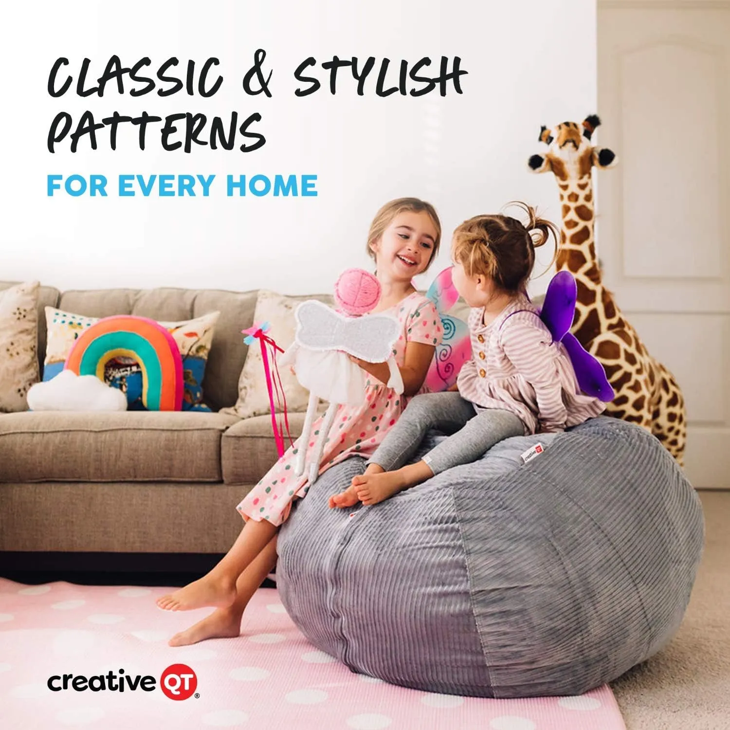 Creative QT Stuff ’n Sit Large 33’’ Bean Bag Storage Cover for Stuffed Animals & Toys, Giant Bean Bag Chair for Plush, Toddler & Kids Bedroom Organizer, Dinosaur - Stuffed Animal Storage Cover