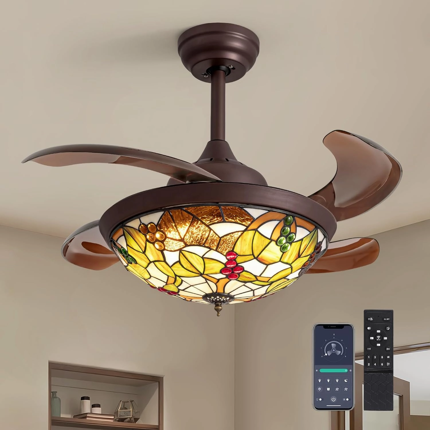 CROSSIO 36" Tiffany Ceiling Fan with Light Tiffany Fandelier Vintage Chandelier Fan 36 Inch Stained Glass Retractable Blades Vintage Ceiling Fan with Tiffany Light for Bedroom Living Room