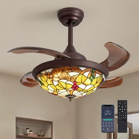 CROSSIO 36" Tiffany Ceiling Fan with Light Tiffany Fandelier Vintage Chandelier Fan 36 Inch Stained Glass Retractable Blades Vintage Ceiling Fan with Tiffany Light for Bedroom Living Room