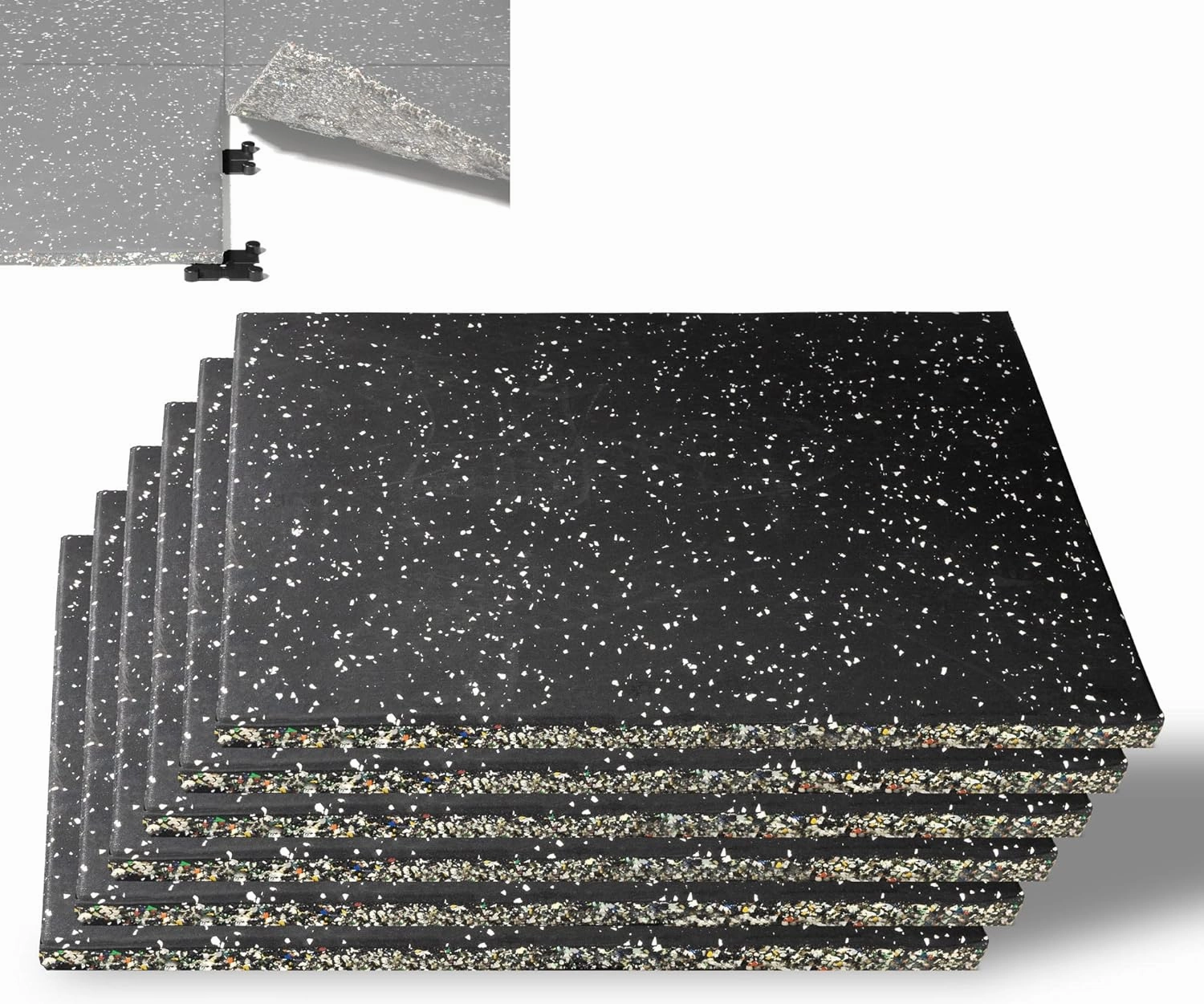 CyclingDeal 5/8" Thick High-Density Gym Floor Mats Tiles - 6 Pack 19.7”x19.7” Rubber Exercise Workout Equipment Ground Shock Absorbing Mat for Home Gym Garage - with Interlock in Black w/White Dots