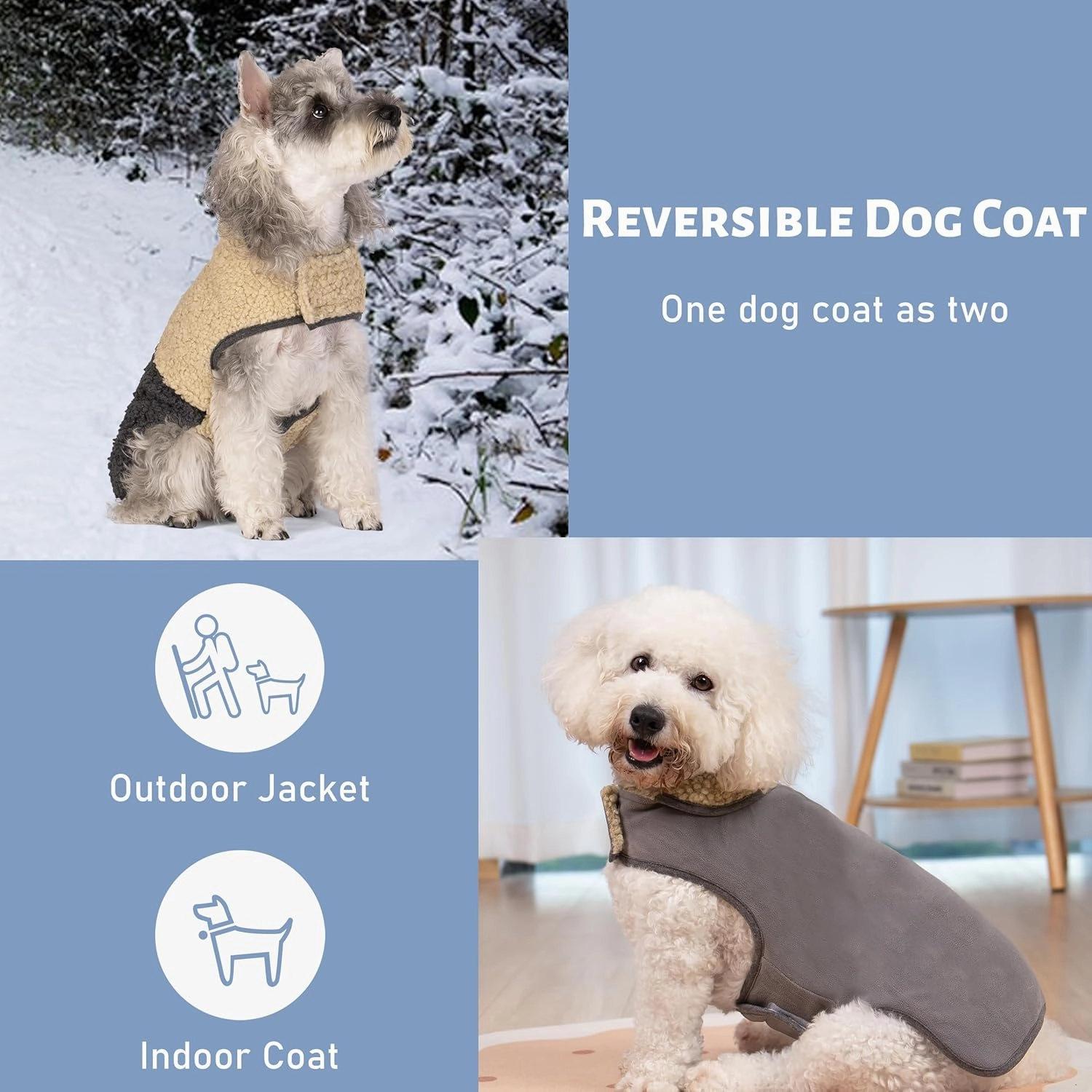 cyeollo Warm Dog Coat Sherpa Dog Winter Coat, Reversible Fleece Dog Jackets Sweater Vest for Small Dogs Male with Leash Hole, Soft Cold Weather Dog Clothes, Khaki L