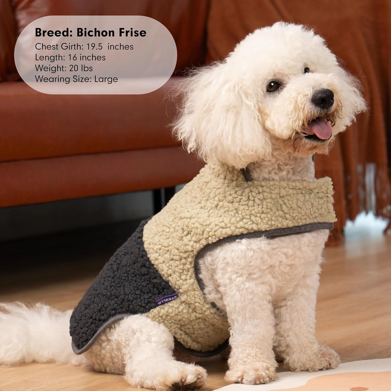 cyeollo Warm Dog Coat Sherpa Dog Winter Coat, Reversible Fleece Dog Jackets Sweater Vest for Small Dogs Male with Leash Hole, Soft Cold Weather Dog Clothes, Khaki L