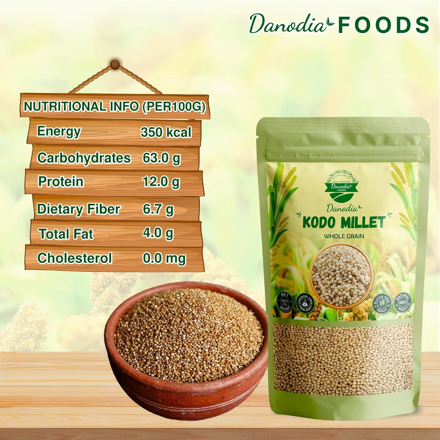 Danodia Foods Organic Kodo Millet (2 lbs | 950g | 33oz) | Unpolished, Whole Grain, Gluten-Free, Hulled, Low GI Superfood Of The Decade | Natural, Non-GMO, Vegan, High Fiber & Protein | Ideal Rice Alternative