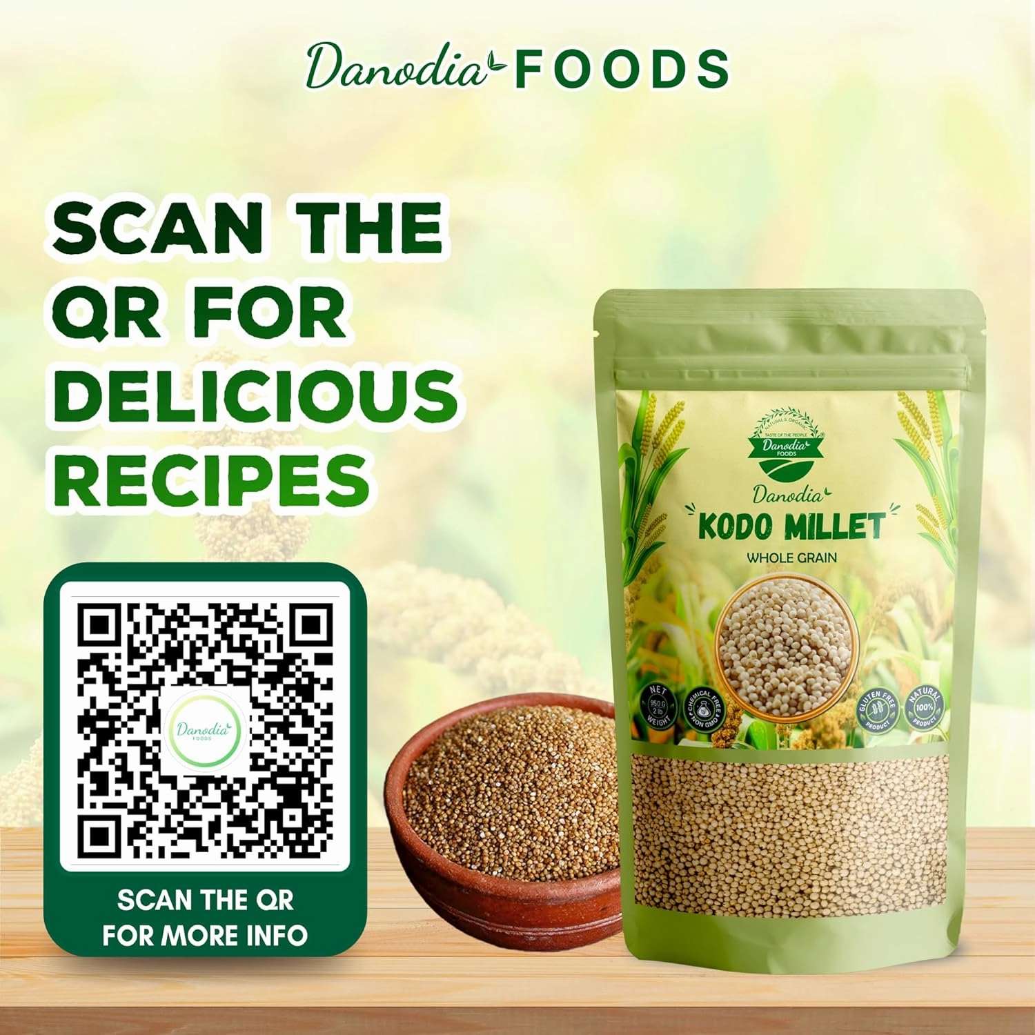 Danodia Foods Organic Kodo Millet (2 lbs | 950g | 33oz) | Unpolished, Whole Grain, Gluten-Free, Hulled, Low GI Superfood Of The Decade | Natural, Non-GMO, Vegan, High Fiber & Protein | Ideal Rice Alternative