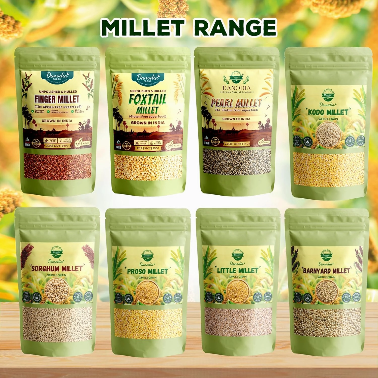 Danodia Foods Organic Kodo Millet (2 lbs | 950g | 33oz) | Unpolished, Whole Grain, Gluten-Free, Hulled, Low GI Superfood Of The Decade | Natural, Non-GMO, Vegan, High Fiber & Protein | Ideal Rice Alternative