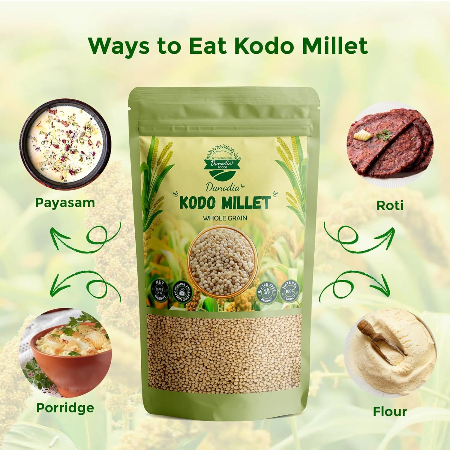 Danodia Foods Organic Kodo Millet (2 lbs | 950g | 33oz) | Unpolished, Whole Grain, Gluten-Free, Hulled, Low GI Superfood Of The Decade | Natural, Non-GMO, Vegan, High Fiber & Protein | Ideal Rice Alternative