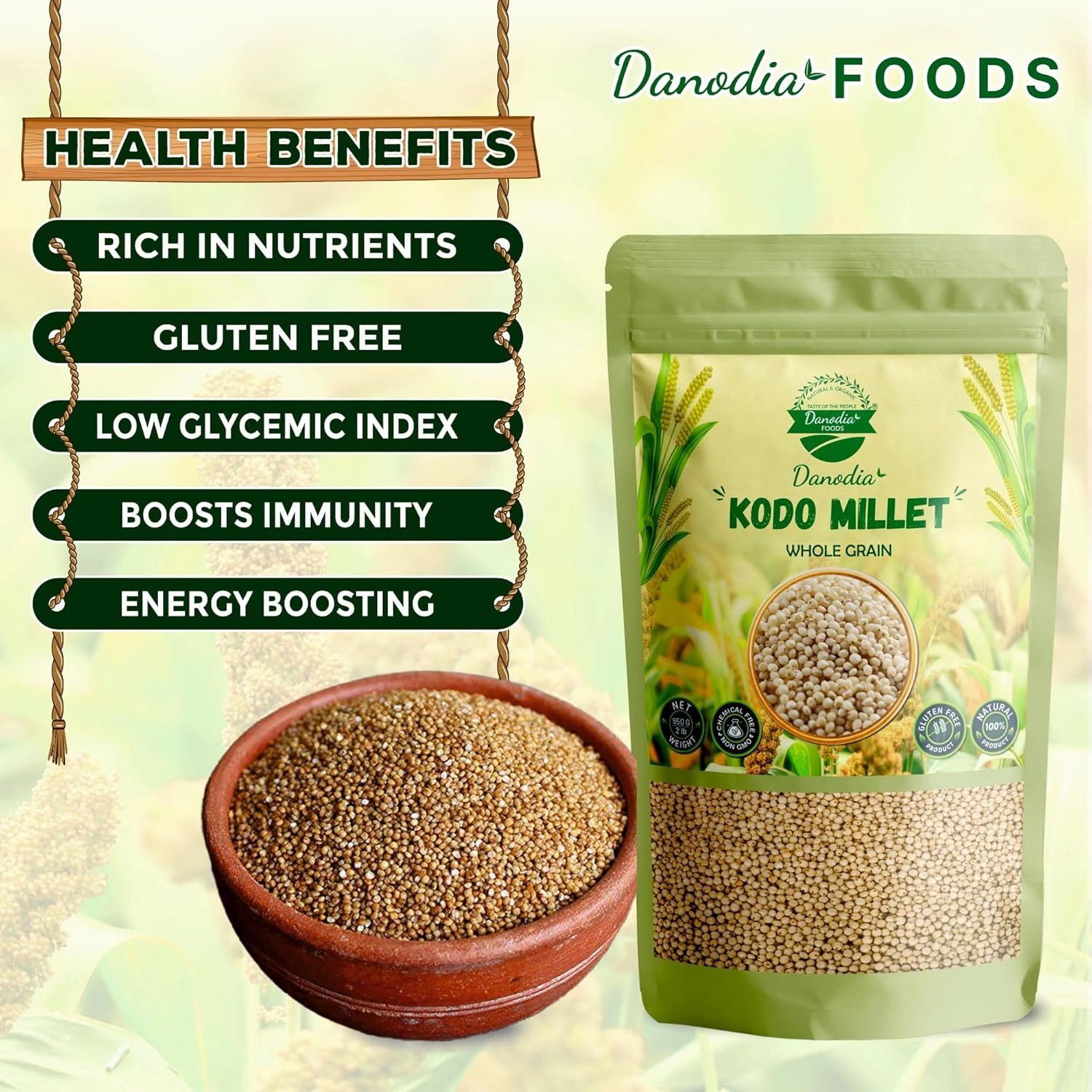 Danodia Foods Organic Kodo Millet (2 lbs | 950g | 33oz) | Unpolished, Whole Grain, Gluten-Free, Hulled, Low GI Superfood Of The Decade | Natural, Non-GMO, Vegan, High Fiber & Protein | Ideal Rice Alternative