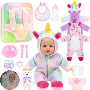 deAO 12 Inch Soft Baby Doll Backpack Glow in Dark Carrier Playset Toys Baby Care Doll Toys Set with 12''Doll Clothes Bottle Accessories Birthday Gift for Toddlers Boys Girls
