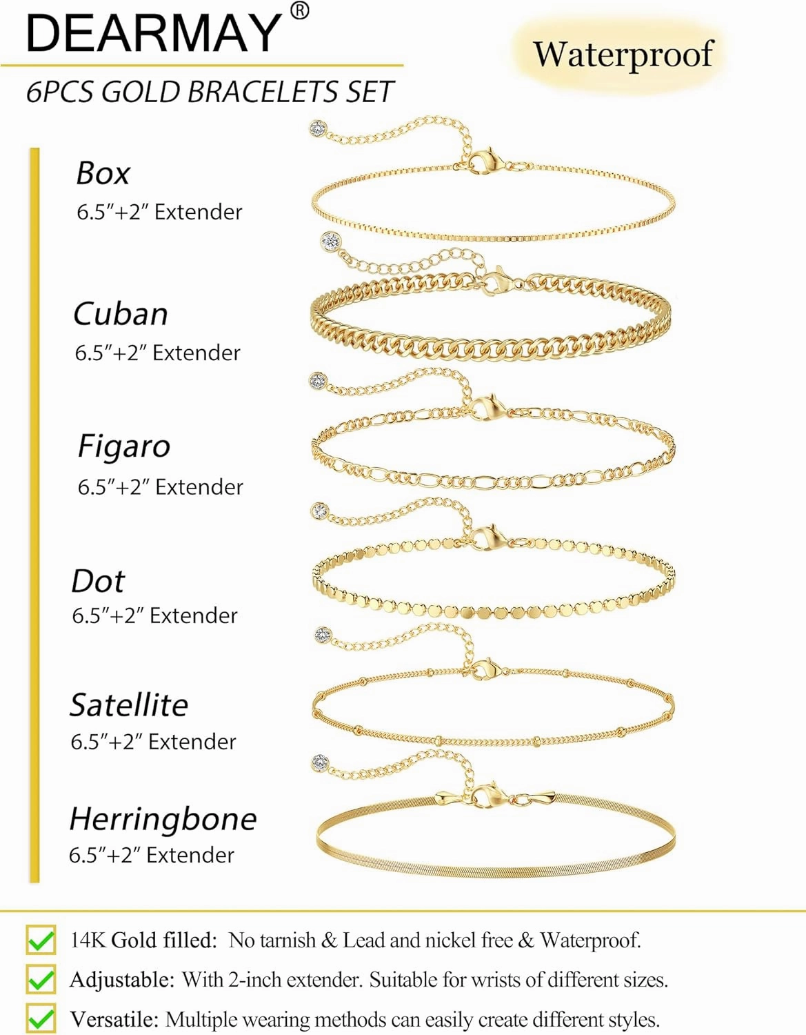DEARMAY Waterproof Gold Bracelets Set for Women Trendy, Dainty 14K Real Gold Plated Jewelry Fashion Stackable Tennis Beaded Figaro Herringbone Paperclip Link Bracelet Pack Stack Gifts for Women