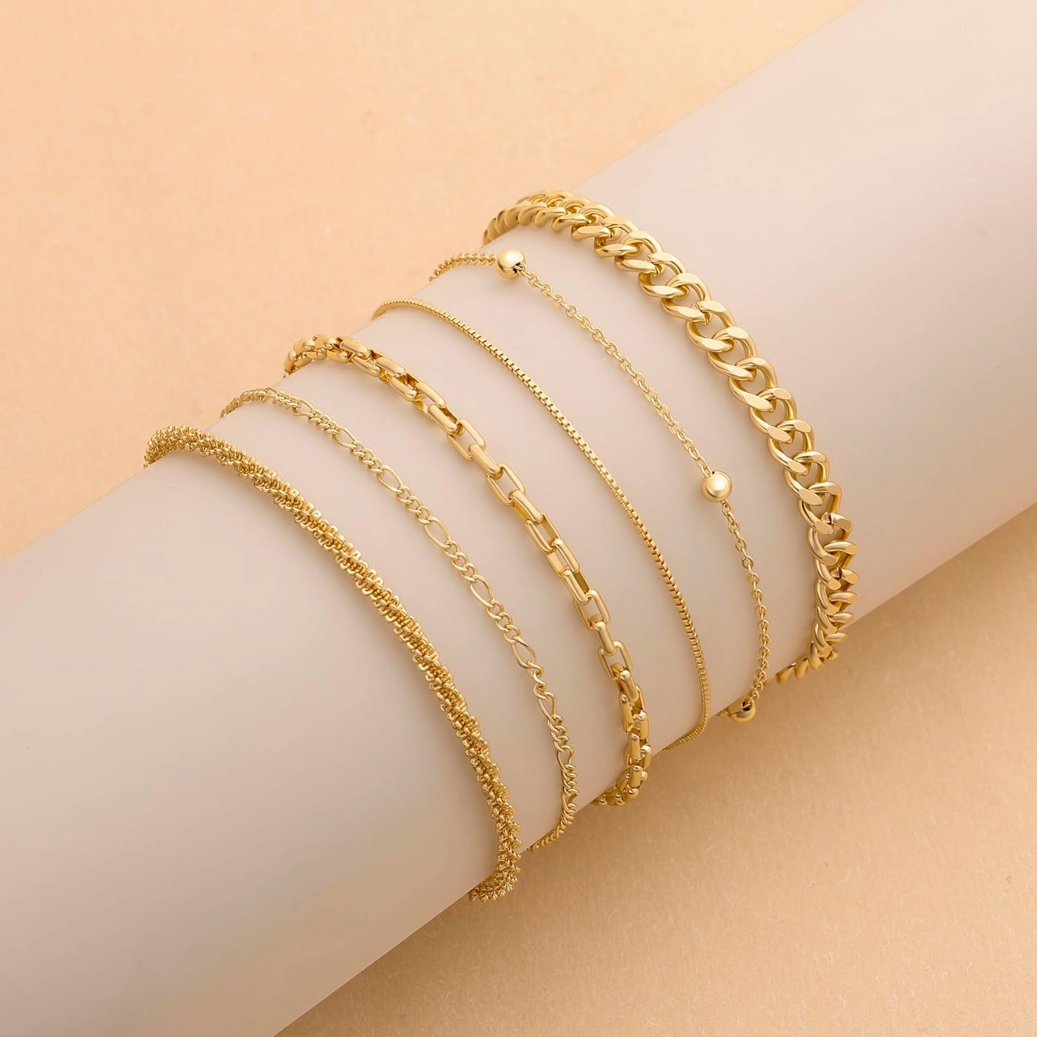 DEARMAY Waterproof Gold Bracelets Set for Women Trendy, Dainty 14K Real Gold Plated Jewelry Fashion Stackable Tennis Beaded Figaro Herringbone Paperclip Link Bracelet Pack Stack Gifts for Women