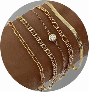 DEARMAY Waterproof Gold Bracelets Set for Women Trendy, Dainty 14K Real Gold Plated Jewelry Fashion Stackable Tennis Beaded Figaro Herringbone Paperclip Link Bracelet Pack Stack Gifts for Women