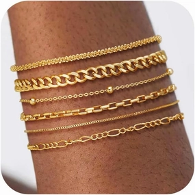 DEARMAY Waterproof Gold Bracelets Set for Women Trendy, Dainty 14K Real Gold Plated Jewelry Fashion Stackable Tennis Beaded Figaro Herringbone Paperclip Link Bracelet Pack Stack Gifts for Women