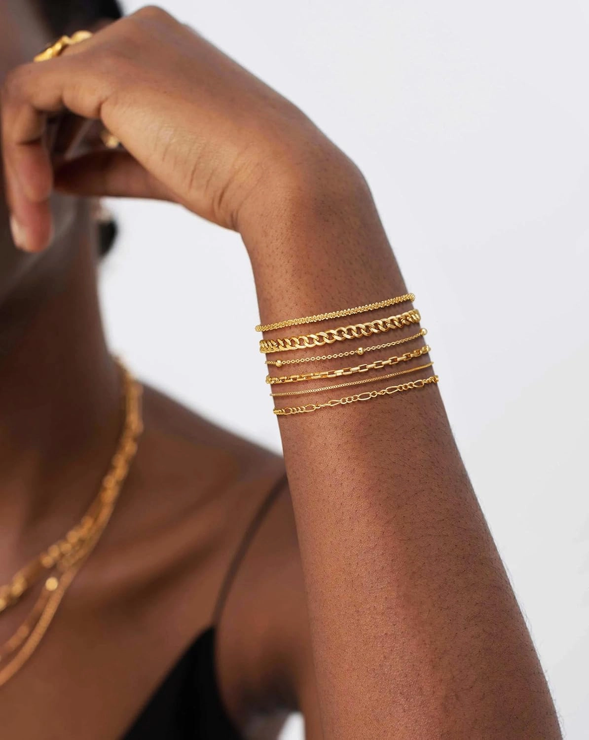 DEARMAY Waterproof Gold Bracelets Set for Women Trendy, Dainty 14K Real Gold Plated Jewelry Fashion Stackable Tennis Beaded Figaro Herringbone Paperclip Link Bracelet Pack Stack Gifts for Women