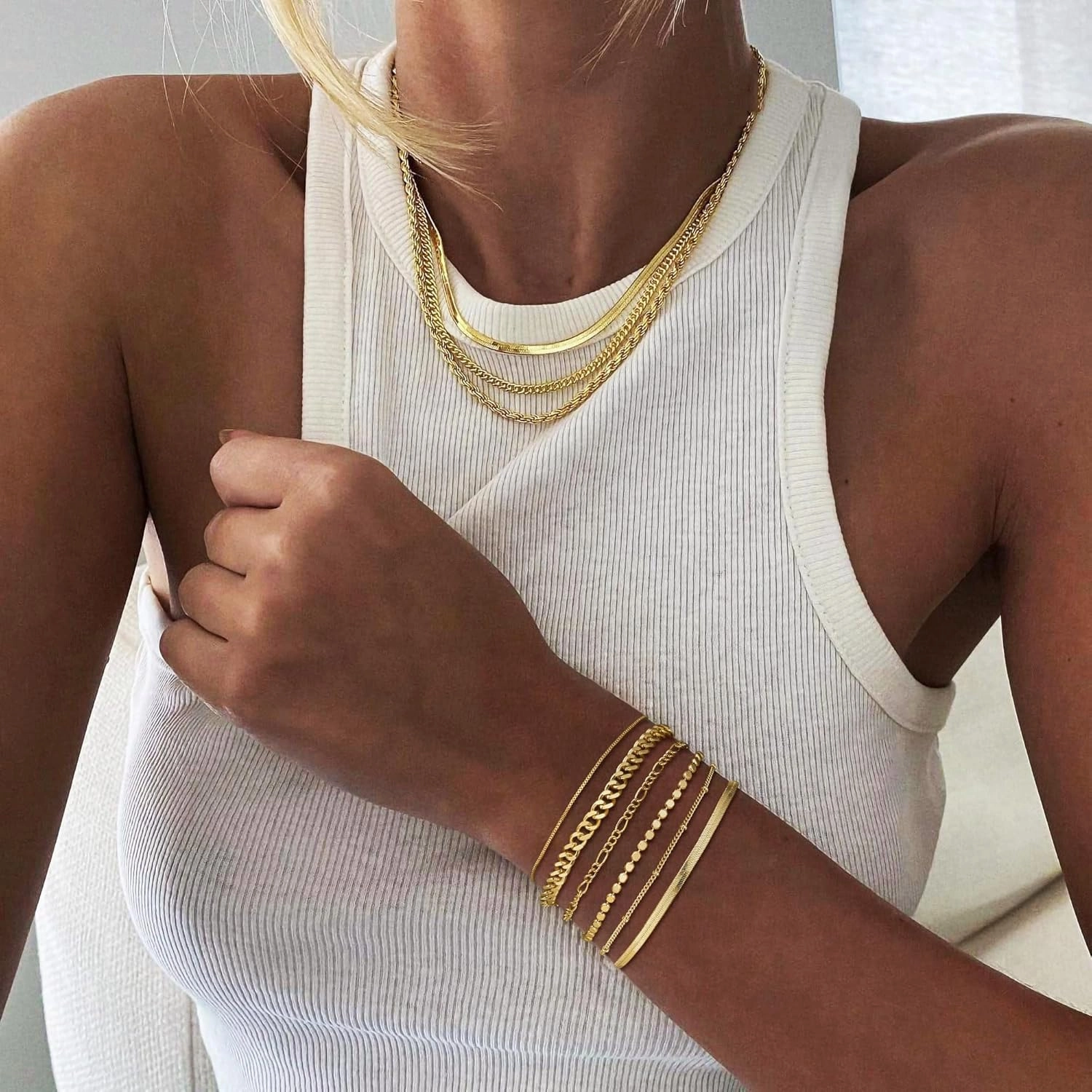 DEARMAY Waterproof Gold Bracelets Set for Women Trendy, Dainty 14K Real Gold Plated Jewelry Fashion Stackable Tennis Beaded Figaro Herringbone Paperclip Link Bracelet Pack Stack Gifts for Women